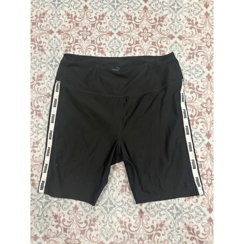 Puma Womens Black Logo Tape High Waist Bike Shorts Size M Athleisure Gym